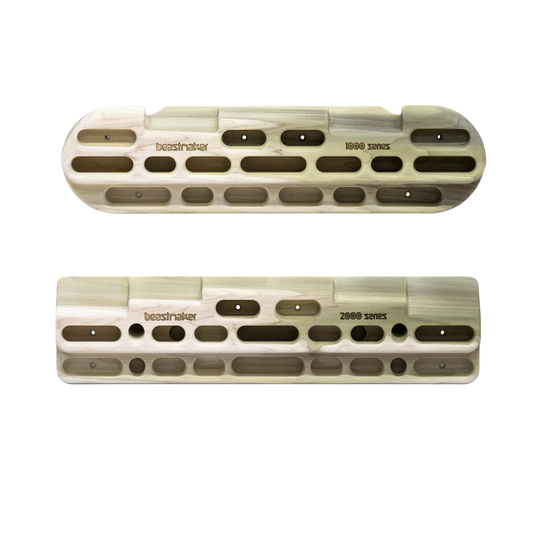 Image comparing the Beastmaker 1000 and 2000 Series Fingerboards, highlighting the various grip positions and depths designed for precision grip training.