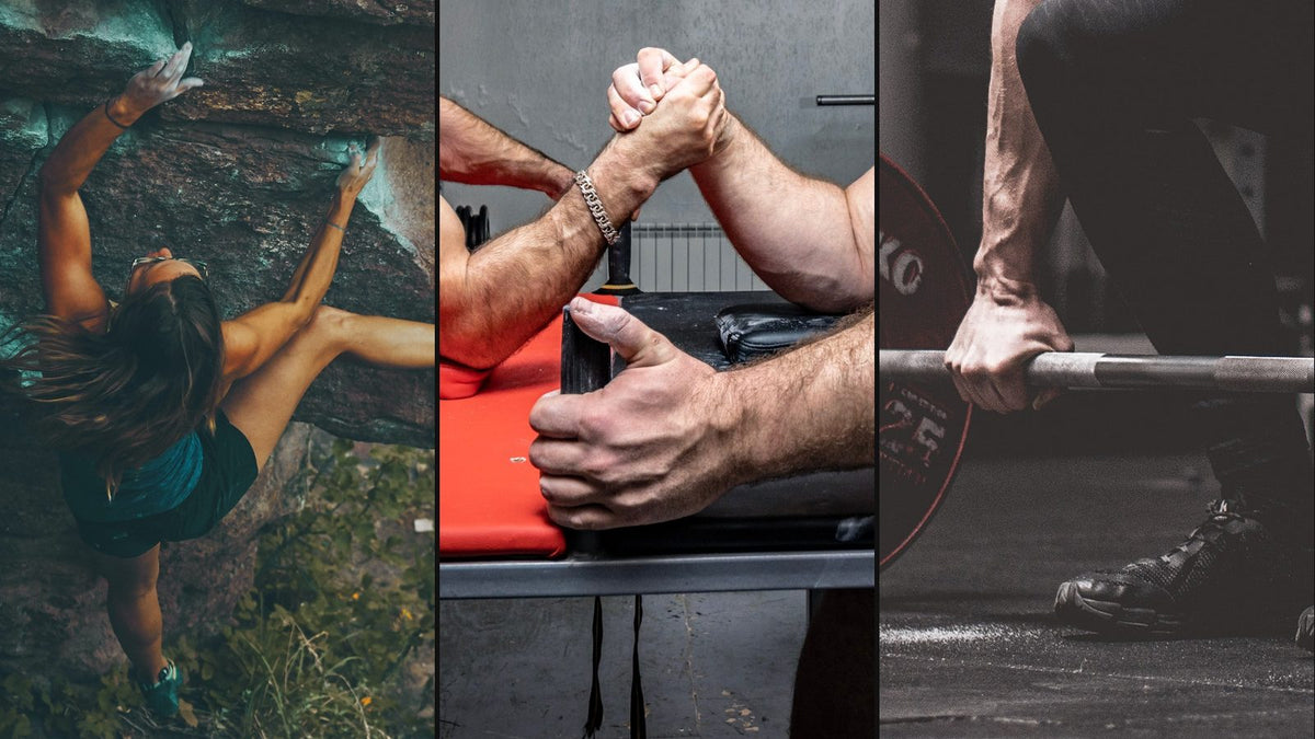 Three grip-dependent sports side by side: a climber with both chalked hands on a rock edge, two hands locked at an arm wrestling table, and a hand gripping a loaded barbell