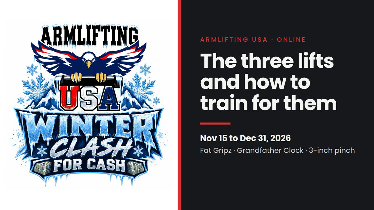 Armlifting USA Winter Clash for Cash logo beside the article title, The three lifts and how to train for them, November 15 to December 31, 2026.