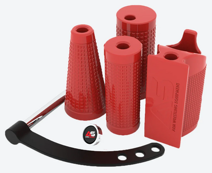 Red arm wrestling training equipment set including hand grippers, wrist rollers, and a training block from AS Arm Sport.