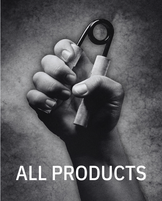 a hand squeezing a rip strengthening tool with the text all products below it.