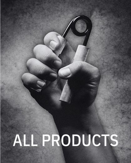 a hand squeezing a rip strengthening tool with the text all products below it.