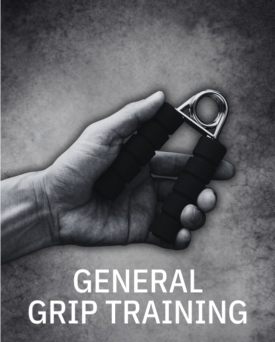 Black and white image of a hand holding a grip strength trainer with padded handles, with the text “General Grip Training” displayed below.