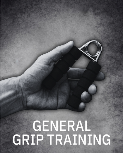 Black and white image of a hand holding a grip strength trainer with padded handles, with the text “General Grip Training” displayed below.