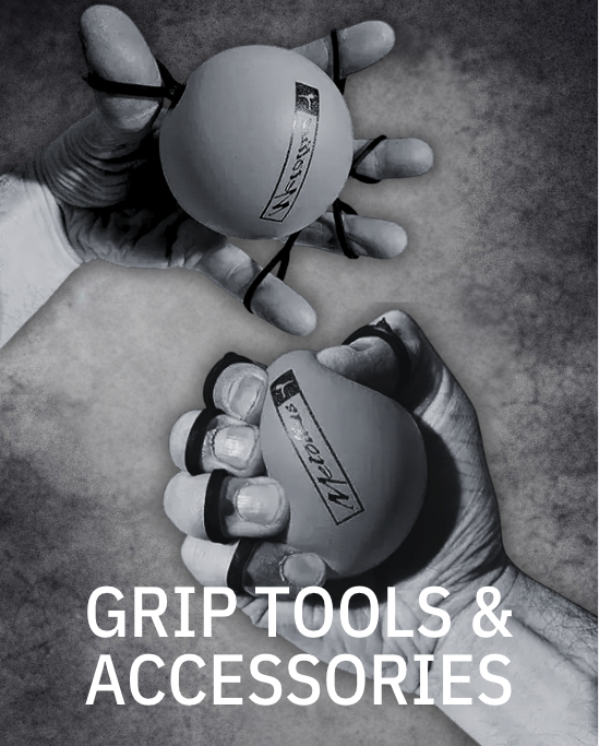 Black and white image of two hands holding grip strength balls with finger loops, with the text “Grip Tools & Accessories” displayed below.