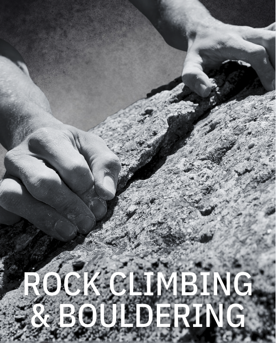 Black and white image of hands gripping a rough rock surface while climbing, with the text “Rock Climbing & Bouldering” displayed below.