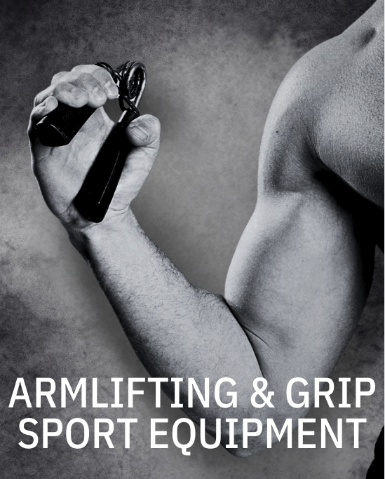 Black and white image of a muscular arm squeezing a hand gripper, with the text “Armlifting & Grip Sport Equipment” displayed below.