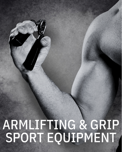 Black and white image of a muscular arm squeezing a hand gripper, with the text “Armlifting & Grip Sport Equipment” displayed below.