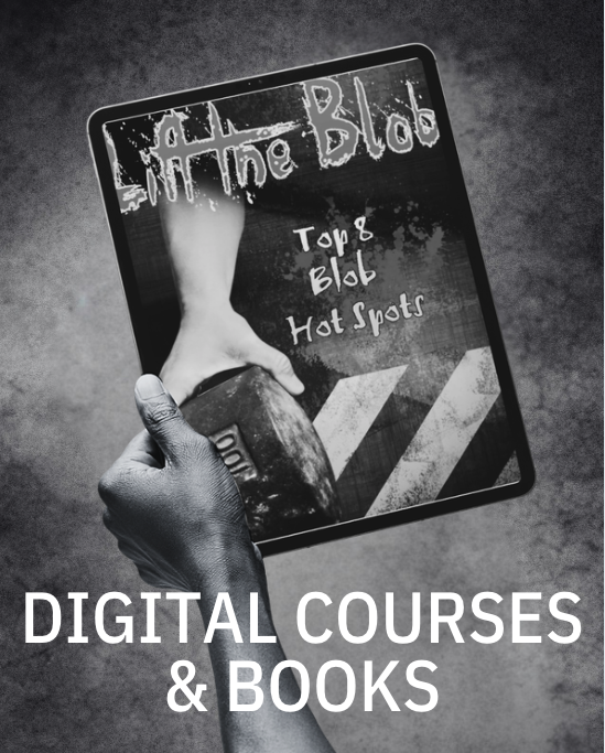 Hand holding a 100-pound Blob weight with 'Lift the Blob' title and 'Top 8 Blob Hot Spots' text on a grunge background with caution stripes.