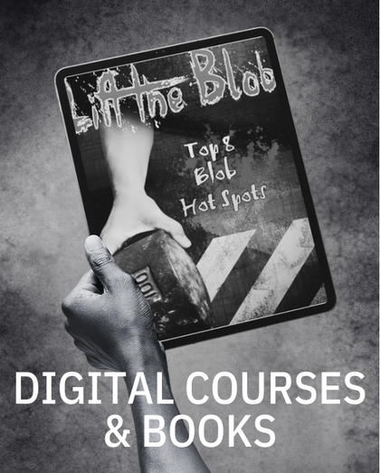 Hand holding a 100-pound Blob weight with 'Lift the Blob' title and 'Top 8 Blob Hot Spots' text on a grunge background with caution stripes.