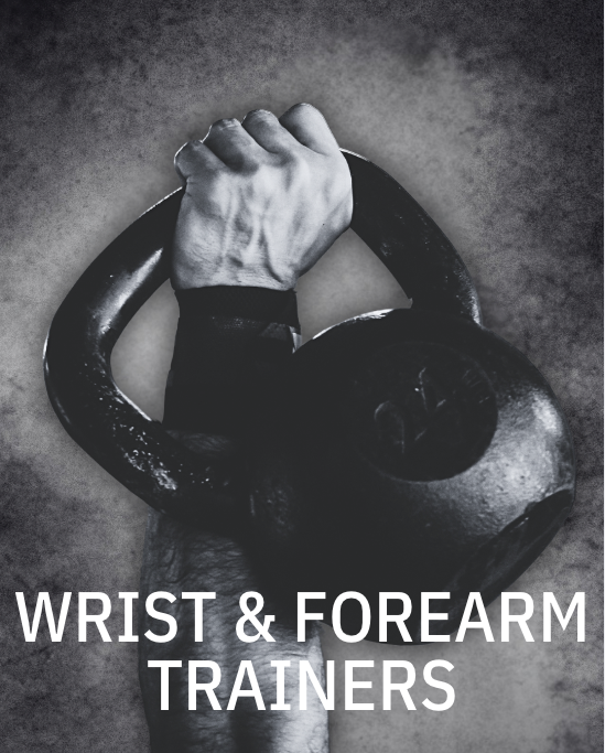 Black and white image of a hand gripping a kettlebell, with the text “Wrist & Forearm Trainers” displayed below.