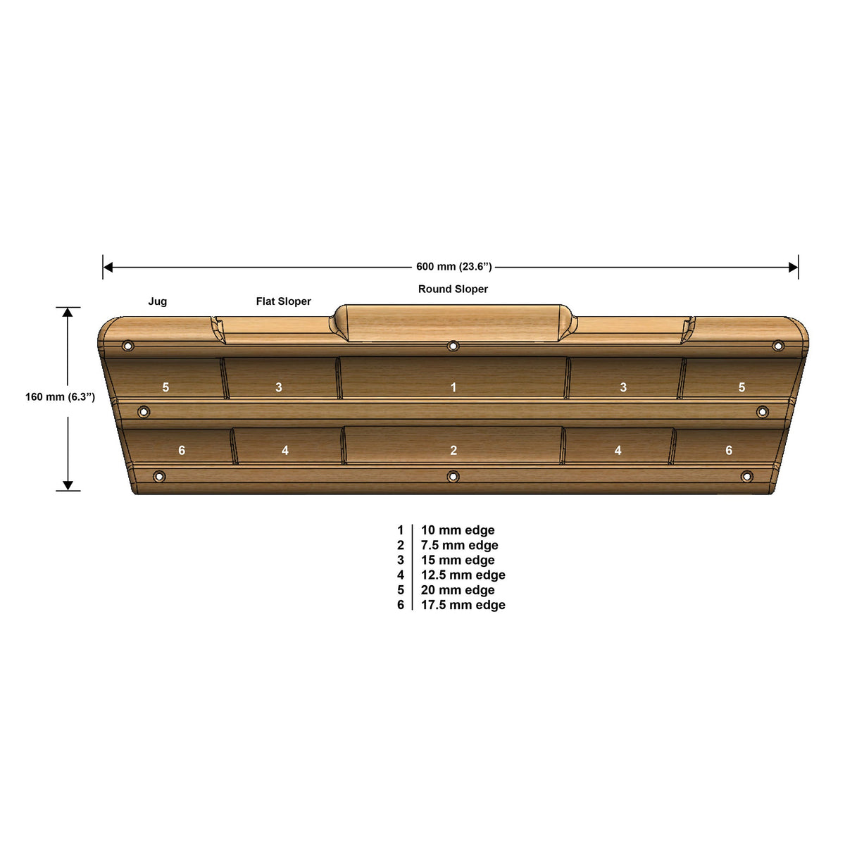 Metolius Climber's Edge Board spec diagram with edge depths and hold positions