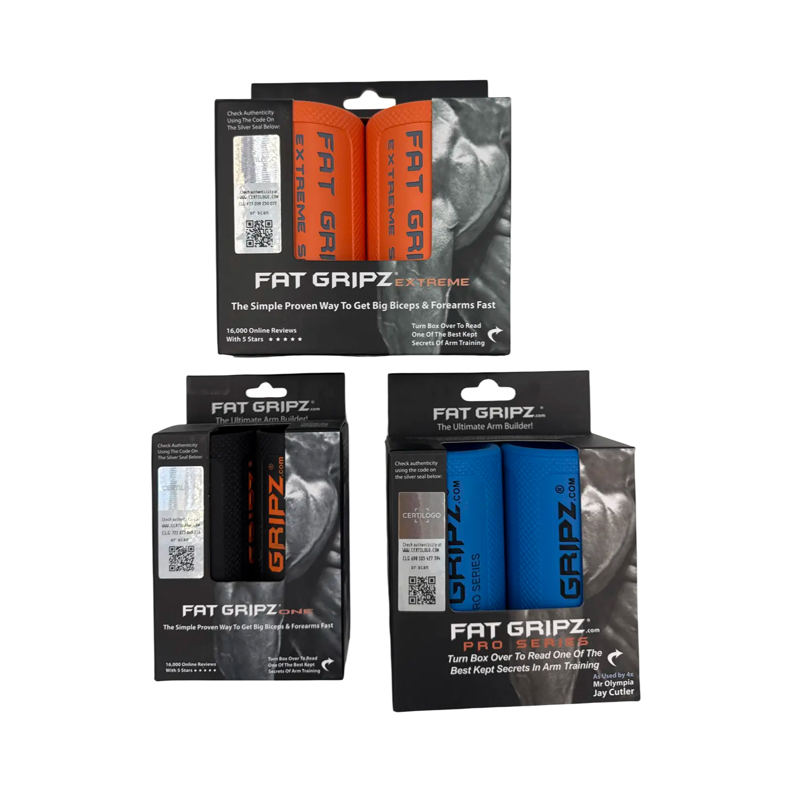 All three sizes of Fat Gripz Thick Bar Accessories.