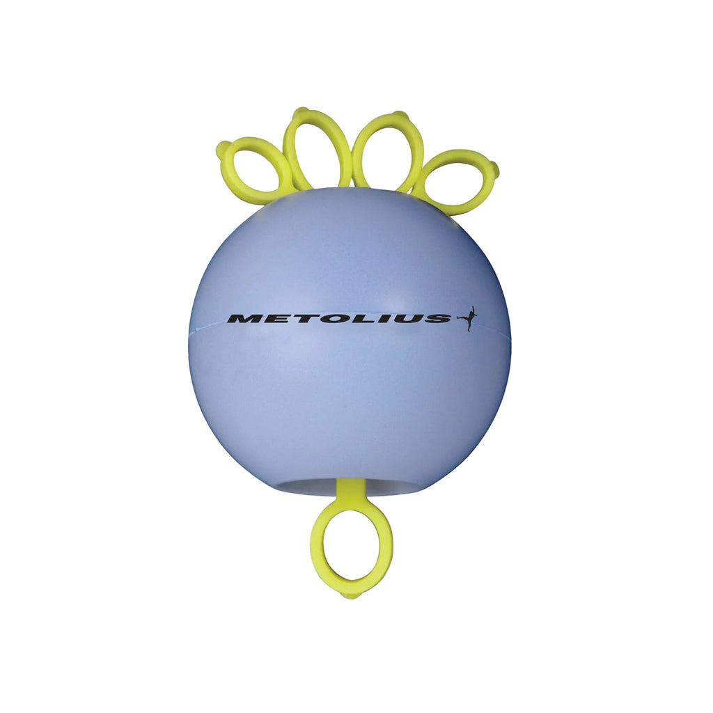Metolius GripSaver Plus soft firmness, blue ball with yellow finger loops, on white