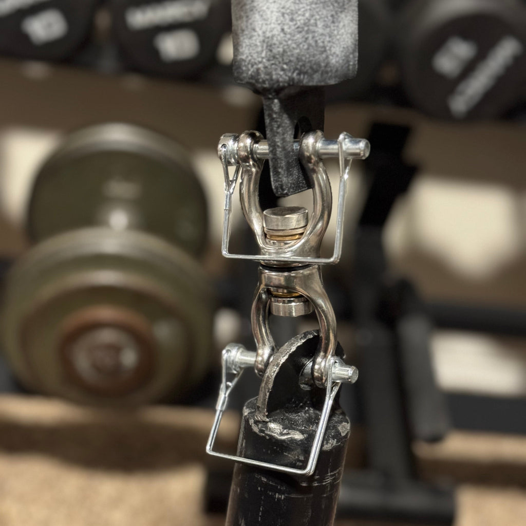 GripStrength.com swivel carabiner with quick release pins, for vertical lift implements