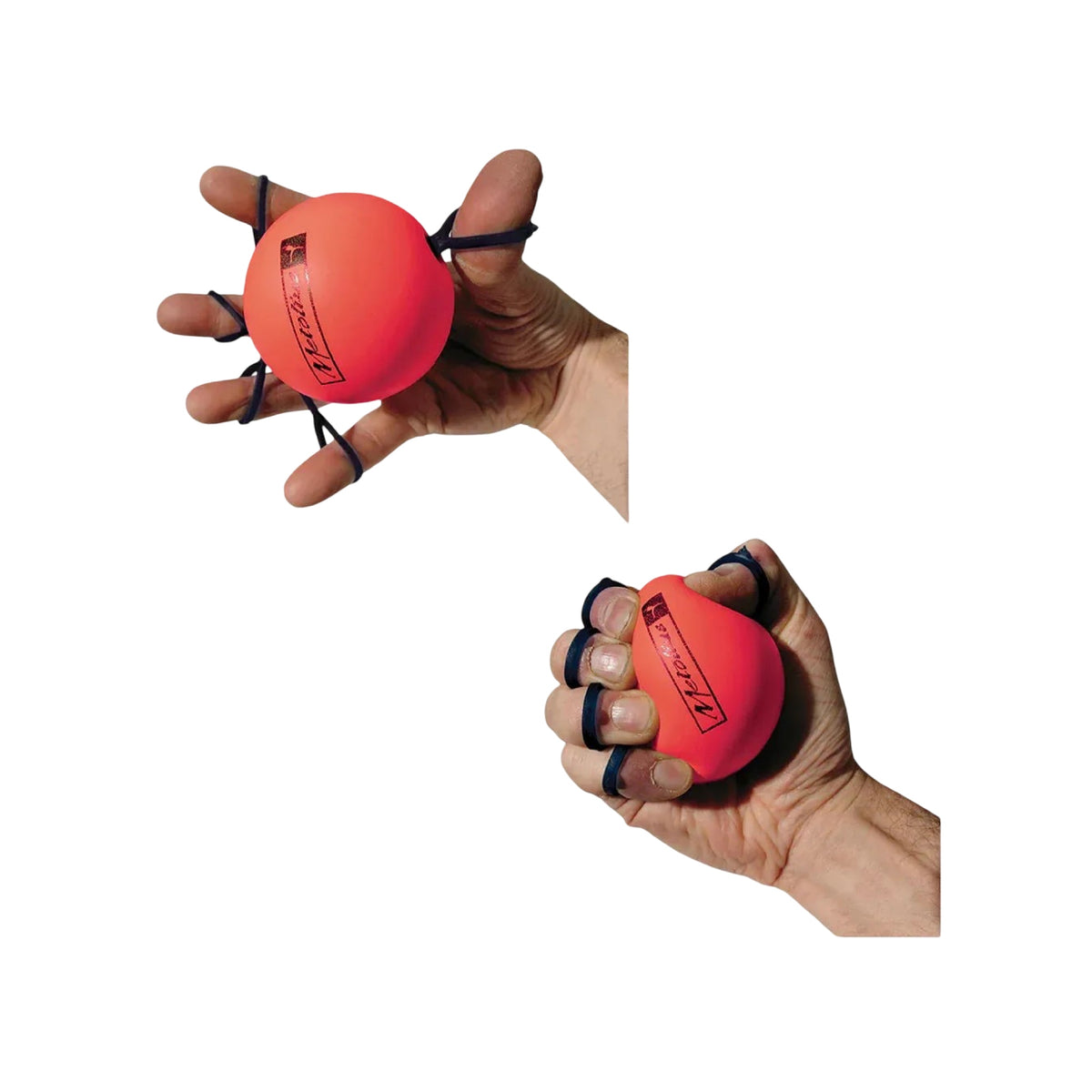 Hands using the GripSaver Plus: fingers extending against the loops and squeezing the ball