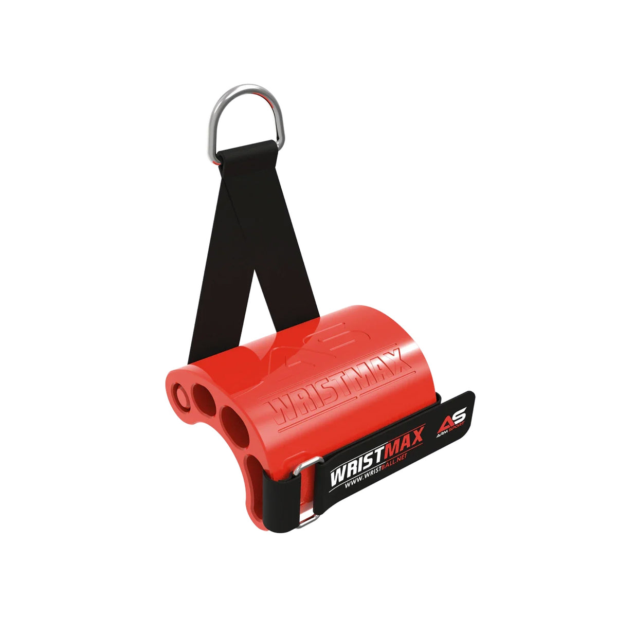 ArmSport WristMax eccentric wrist trainer, red handle with black strap and D-ring, three-quarter view on white