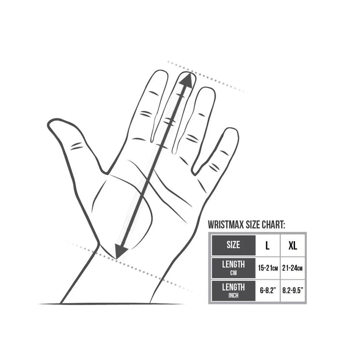 WristMax size chart: measure from the tip of the middle finger to the wrist crease; Large fits 15 to 21 cm, Extra Large fits 21 to 24 cm