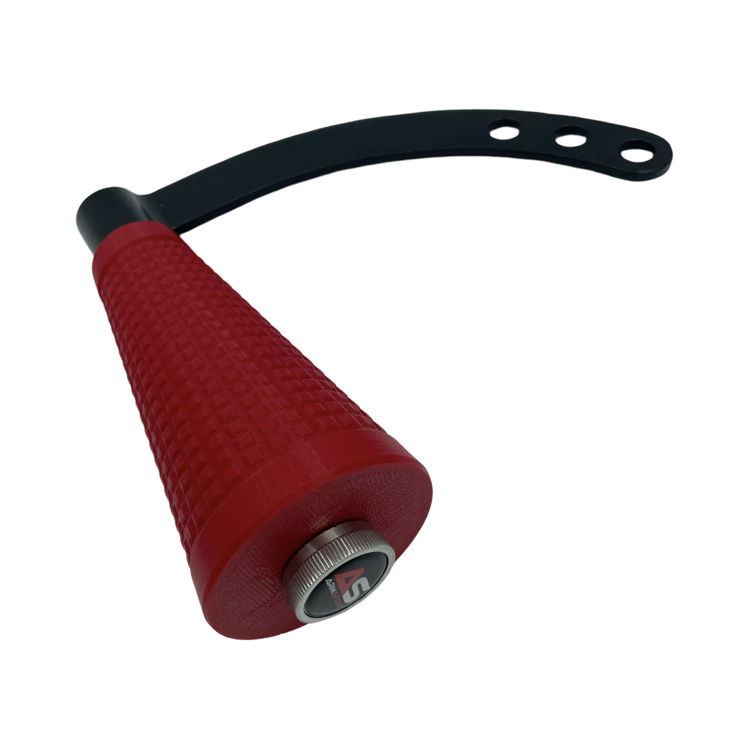Side view of the ArmSport Conic Grip featuring a textured red grip and a black base handle with adjustable holes.