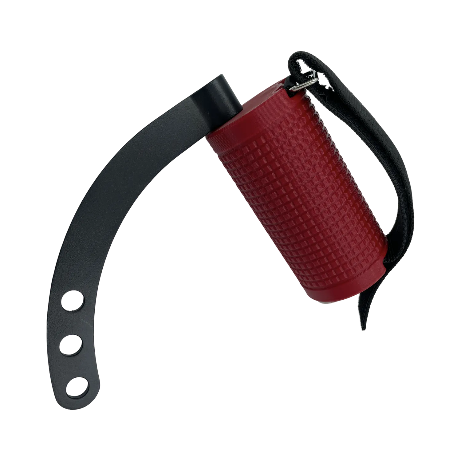 Side view of the ArmSport Offset Grip featuring a textured red grip, black base handle with adjustable holes, and an attached strap.