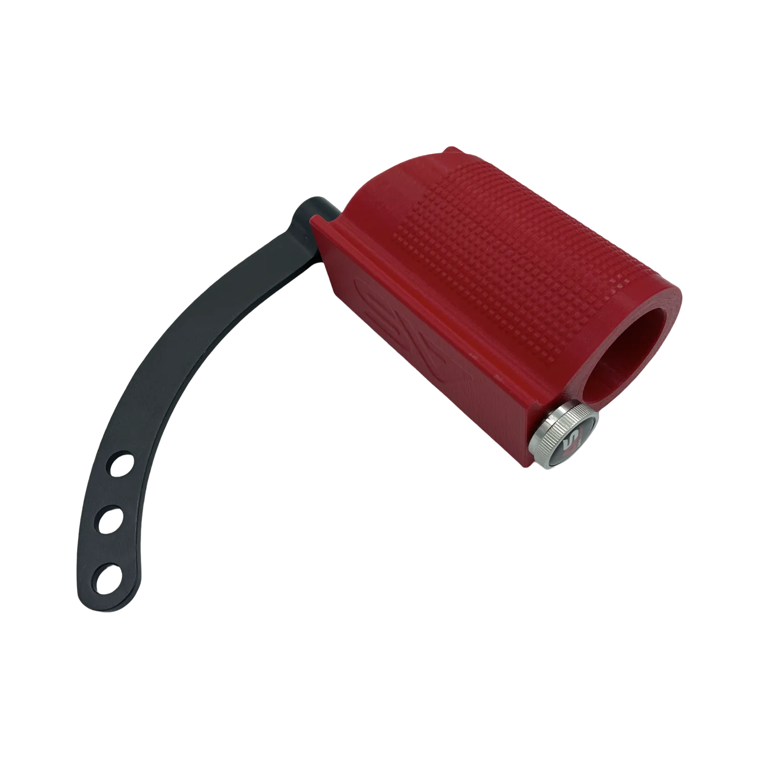 Side view of the ArmSport Traditional Eccentric Grip featuring a textured red grip and a black base handle with adjustable holes, showcasing its high-quality construction.