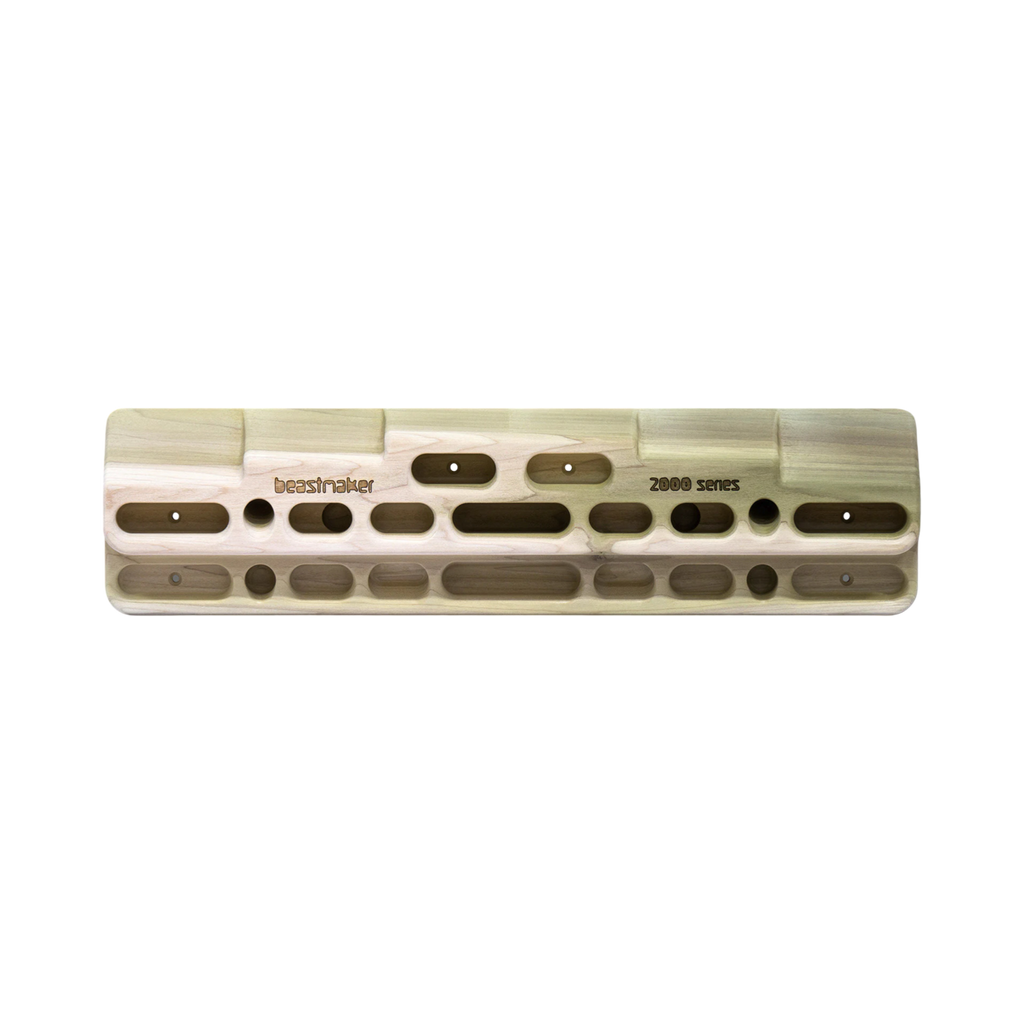 Front view of the Beastmaker 2000 Series Fingerboard, showcasing advanced grip positions including slopers, finger sockets, incut rungs, and various pockets.