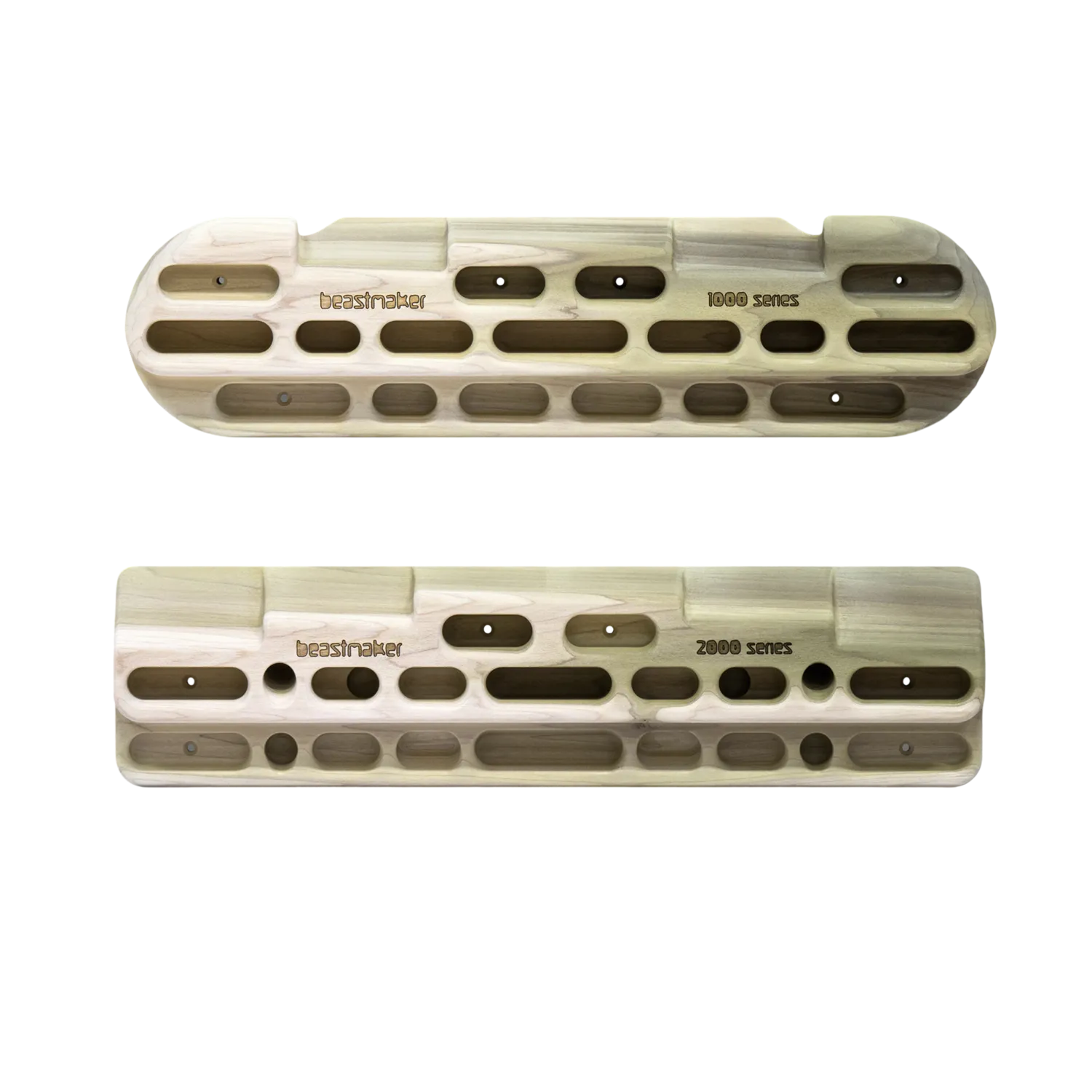 Image comparing the Beastmaker 1000 and 2000 Series Fingerboards, highlighting the various grip positions and depths designed for precision grip training.