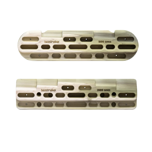 Image comparing the Beastmaker 1000 and 2000 Series Fingerboards, highlighting the various grip positions and depths designed for precision grip training.