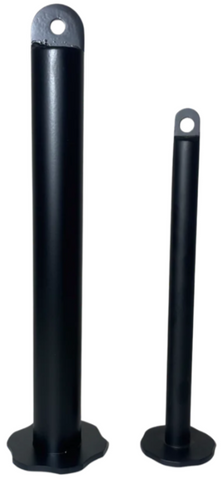 Two Country Crush loading pins, one 12 inches tall and the other is 15 inches tall. The diameters are sized for standard weight plates (12-inch model) and Olympic weight plates (15-inch model). Both have a hole for a carabiner.