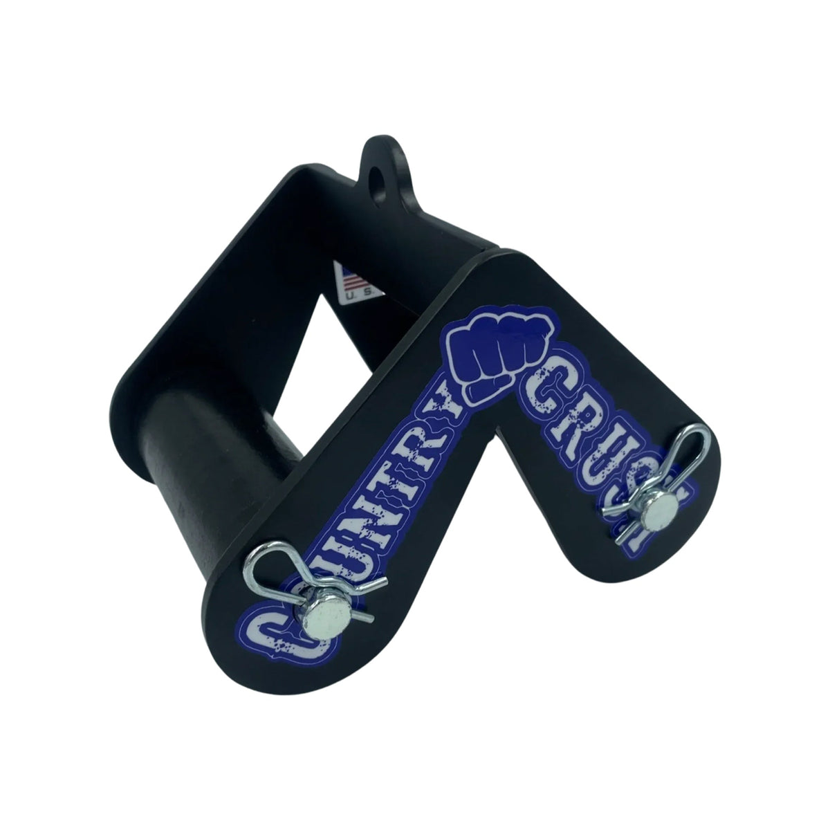Country Crush Two-Hand Revolving Handle with 2 inch grips, black steel frame with blue Country Crush logo, on white