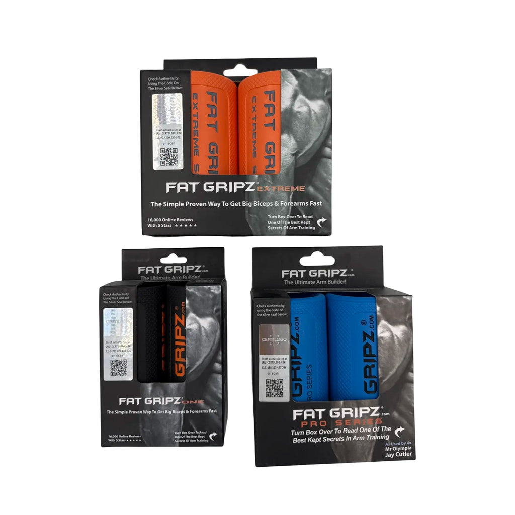 Fat Gripz Extreme, One, and Pro Series retail boxes, orange, black, and blue, on white