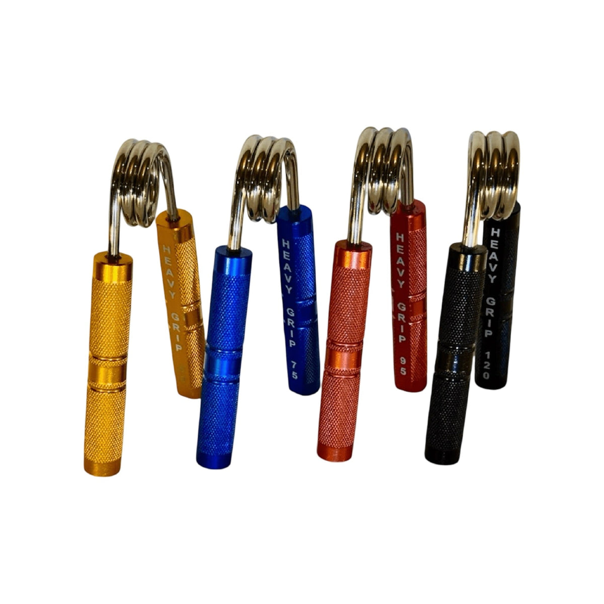 Heavy Grips Fitness Series hand grippers, 50 lb orange, 75 lb blue, 95 lb red, and 120 lb black, on white