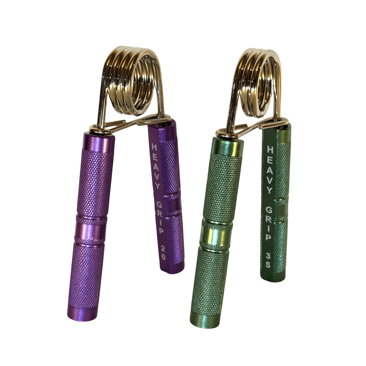 Heavy Grips Therapy Series hand grippers, 20 lb purple and 35 lb green with gold springs, on white