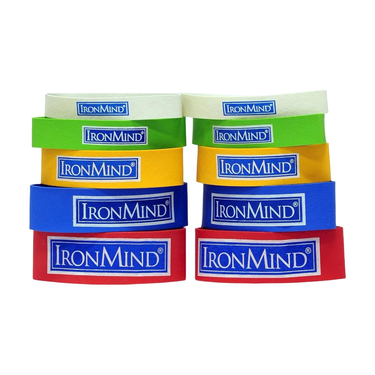IronMind Expand-Your-Hand Bands 10-band pack, two each of white, green, yellow, blue and red, on white