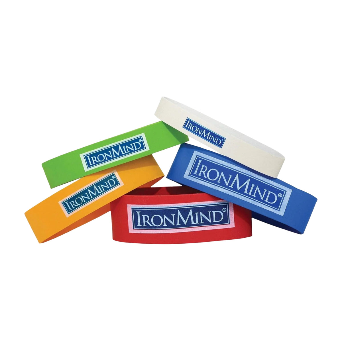 IronMind Expand-Your-Hand Bands in five resistance colors, white, green, yellow, blue and red, stacked