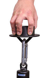 Hand holding an IronMind Hub in a fingertip pinch grip.