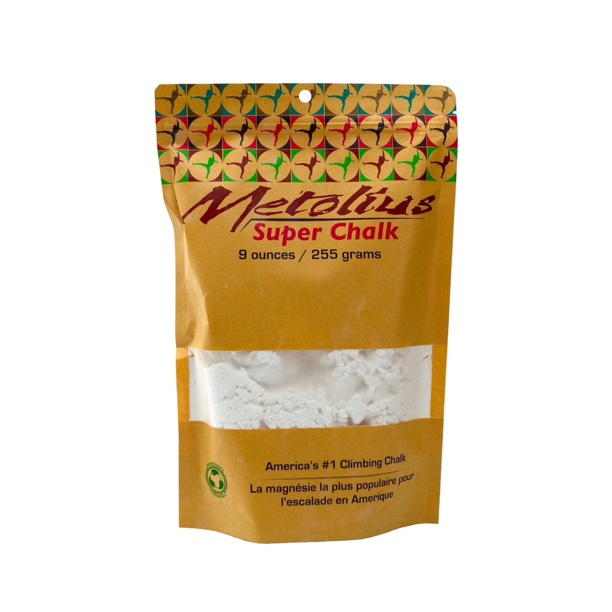 Metolius Super Chalk 9 ounce resealable bag with window showing the chalk, on white