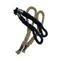 Pair of Monkee Grip Rope Grips, one black and one natural color, designed for enhancing grip strength, hanging on a gym bar.