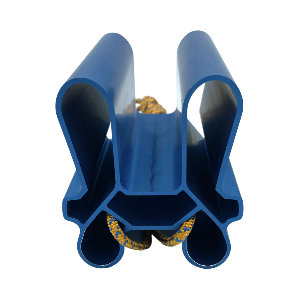 Front view of the Quad Block Grip Strength Device in blue, showcasing the Lattice Training logo and a rope attachment for versatile training.