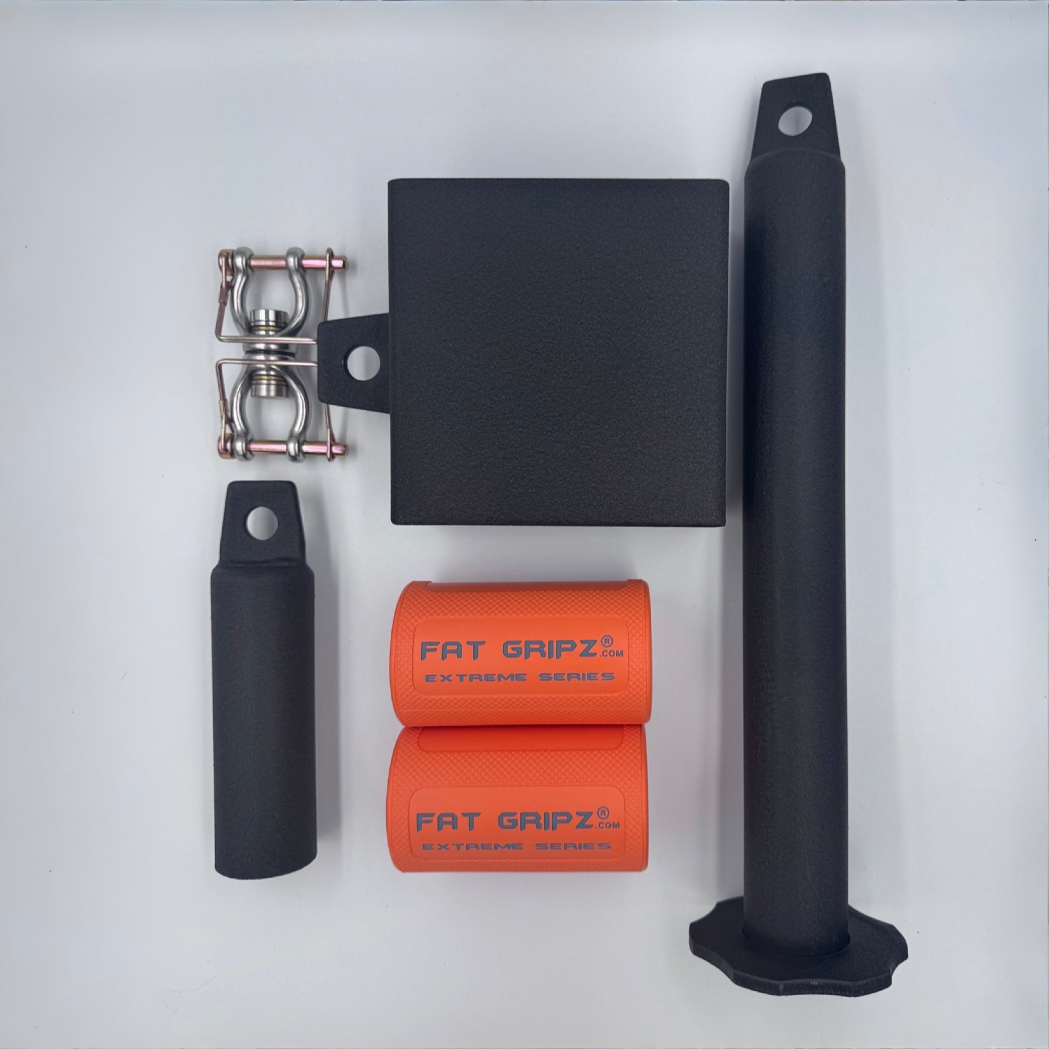 Winter Clash for Cash package Set 1: Country Crush Vertical Lift Trainer, 3 inch pinch block, Fat Gripz Extreme pair, swivel carabiner, and olympic loading pin on a white background.