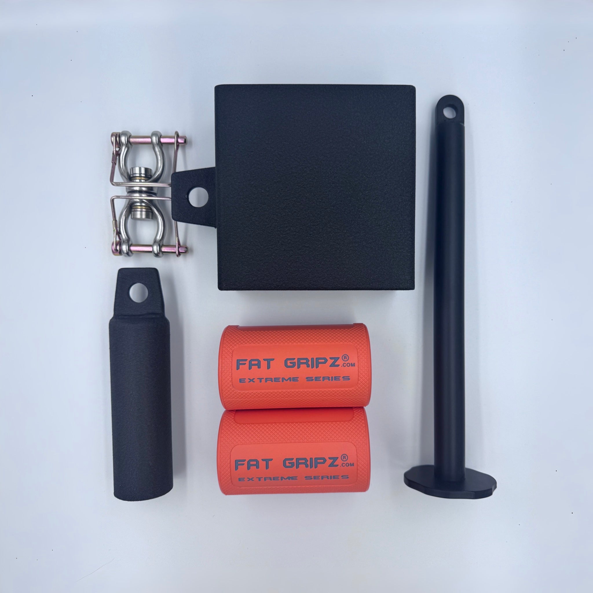 Winter Clash for Cash package Set 1: Country Crush Vertical Lift Trainer, 3 inch pinch block, Fat Gripz Extreme pair, swivel carabiner, and standard loading pin on a white background.