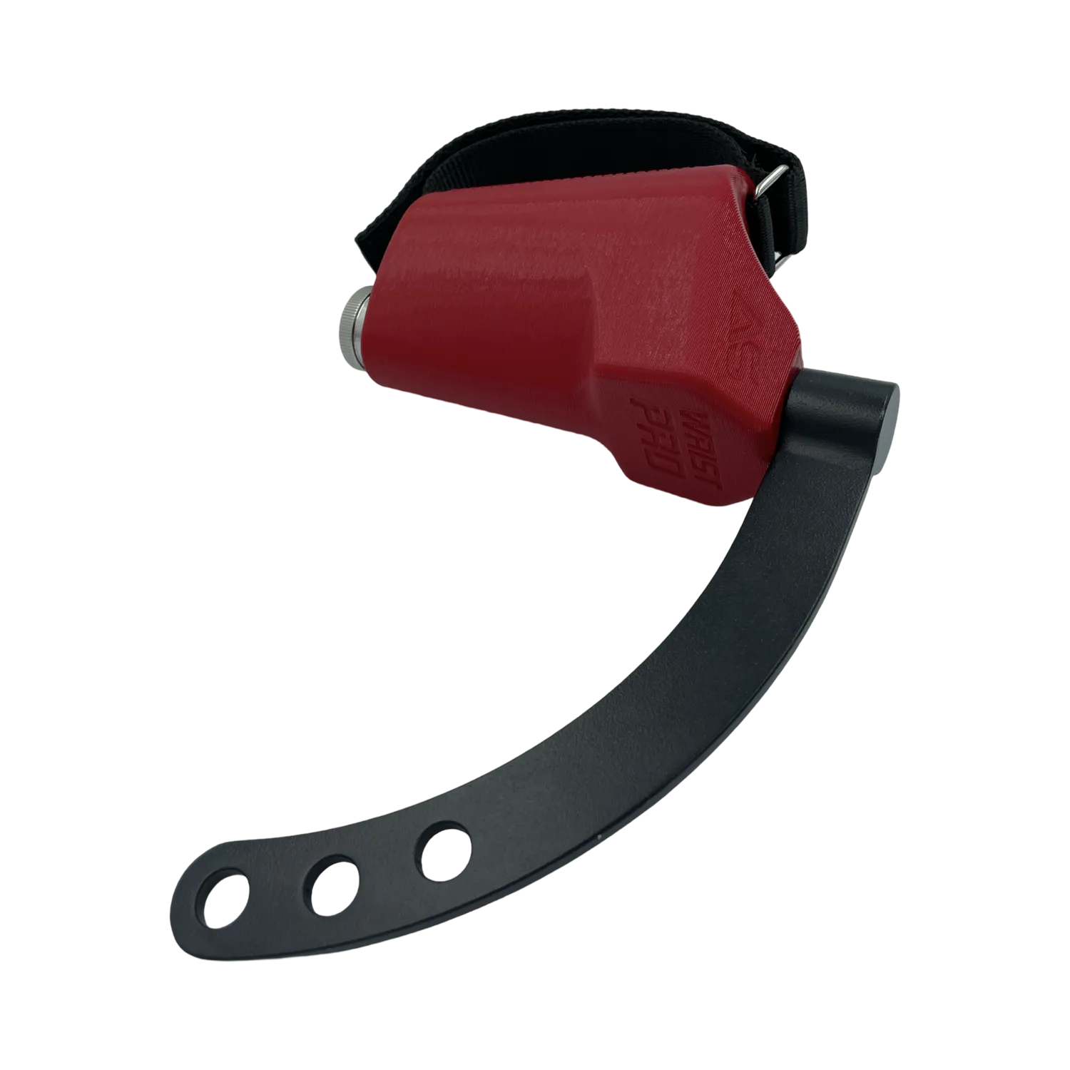 Side view of the WristPro grip trainer for arm wrestling and grip strength, featuring a red grip, black base handle with adjustable holes, and an attached strap.