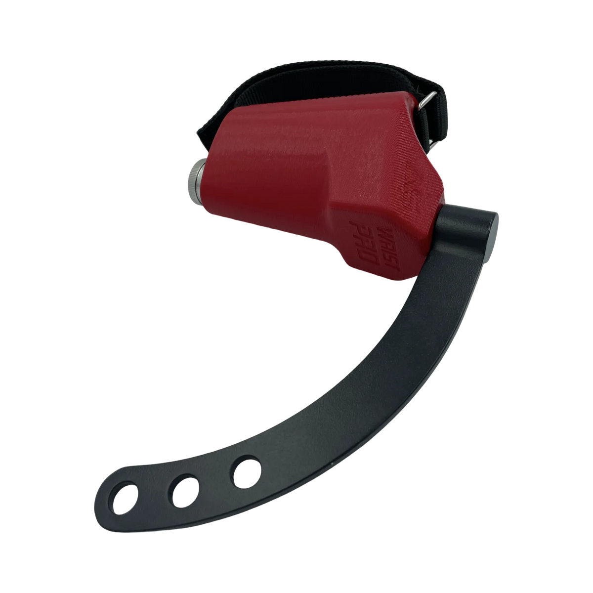Side view of the WristPro grip trainer for arm wrestling and grip strength, featuring a red grip, black base handle with adjustable holes, and an attached strap.