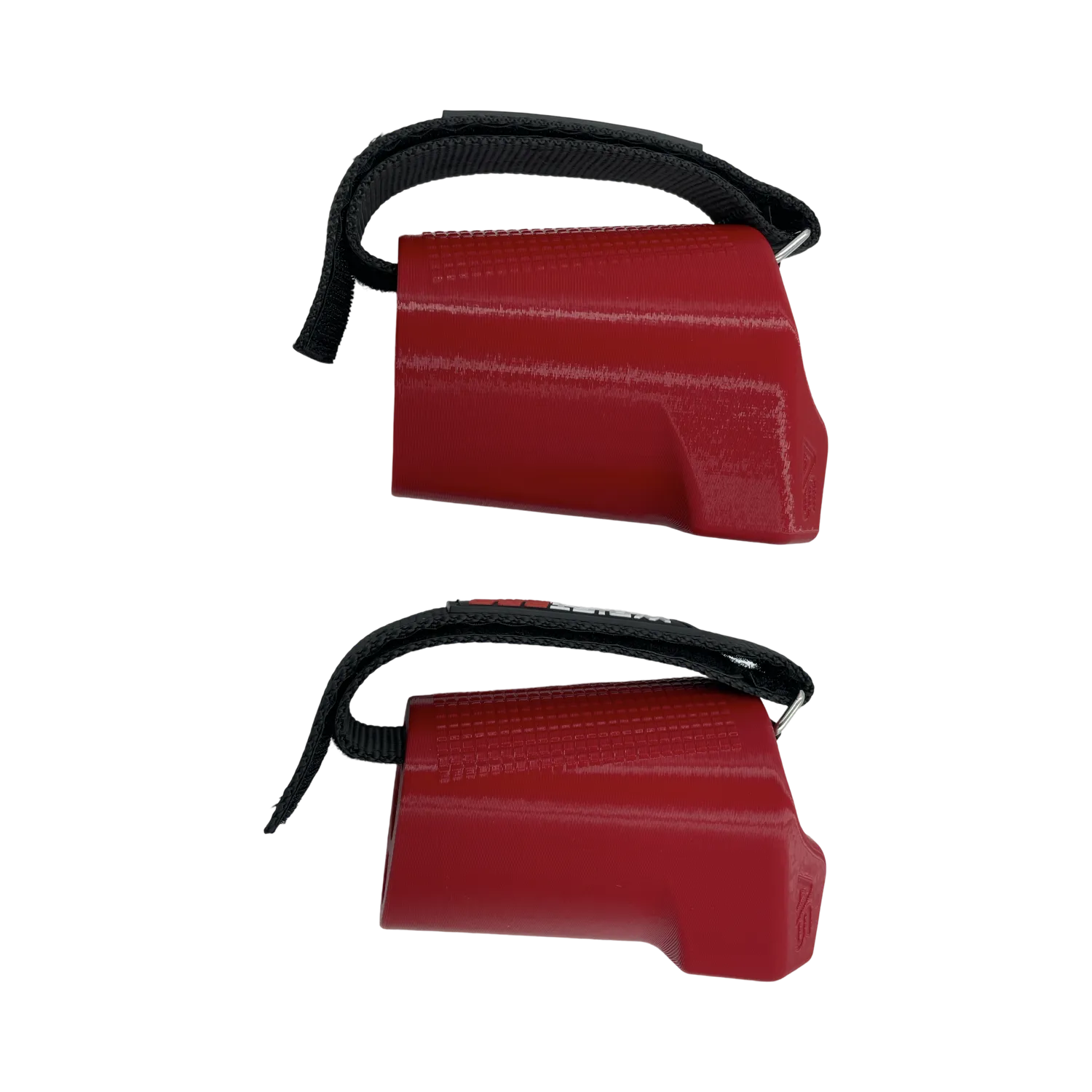 Side view of the WristPro grip trainer for arm wrestling and grip strength, featuring a red grip and attached strap.