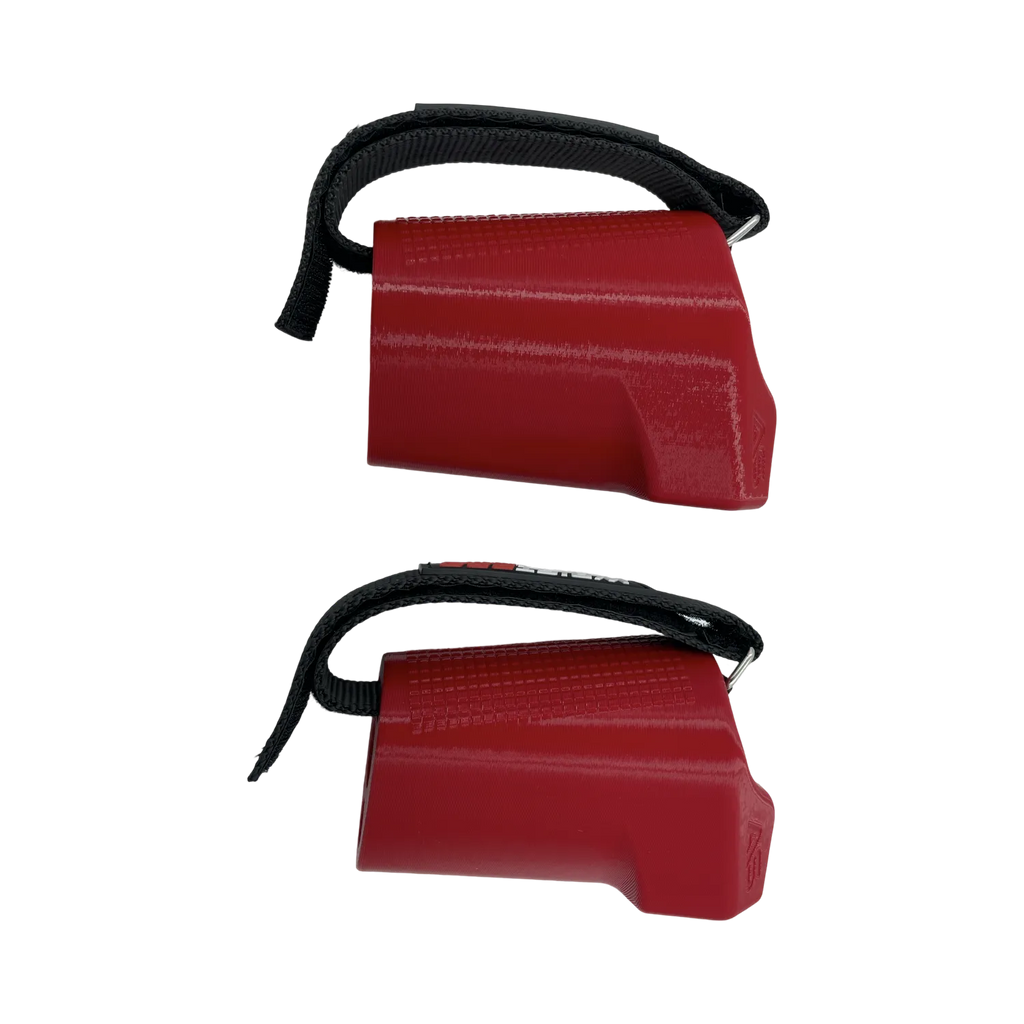 Side view of the WristPro grip trainer for arm wrestling and grip strength, featuring a red grip and attached strap.
