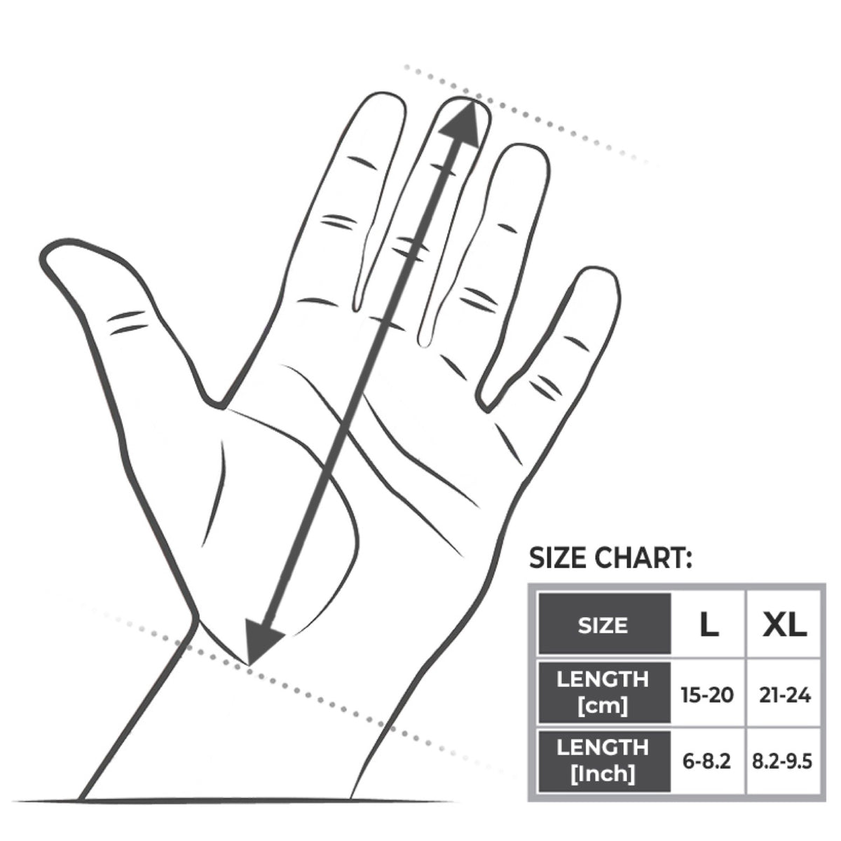 Size chart for the WristPro grip trainer, displaying measurements for sizes L and XL, with a diagram illustrating how to measure hand length.