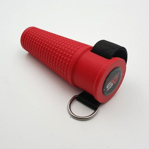 Arm wrestling hook training handle made from red plastic with chunky knurling and a metal core for strength, durability, and the ultimate hook training.