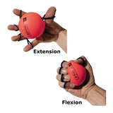 Two Hands Demonstrating Red GripSaver Plus Extensor and Flexor Training
